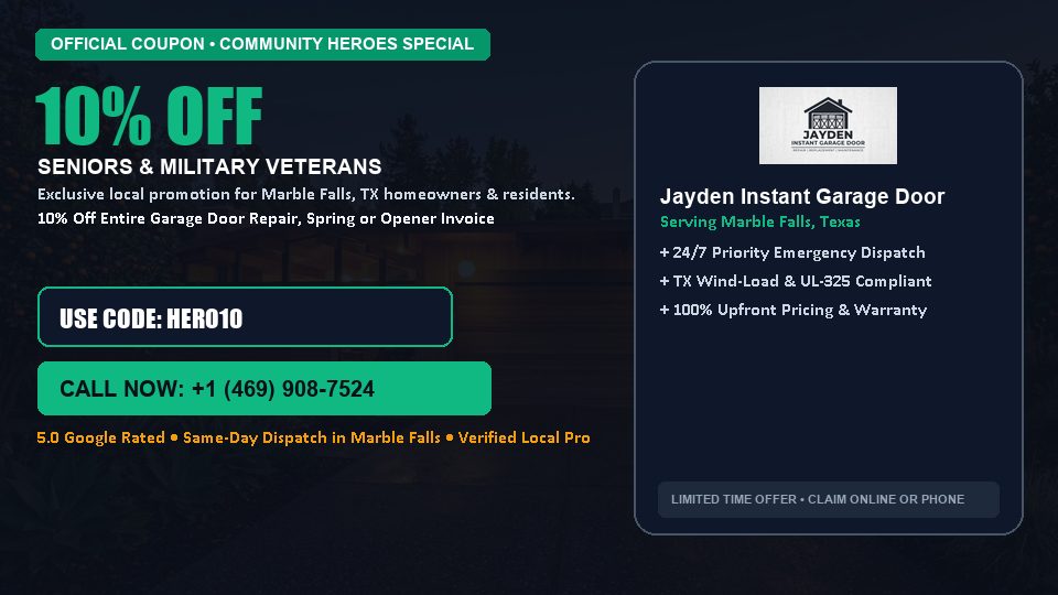 Jayden Instant Garage Door 10% OFF Seniors & Military Veterans in Marble Falls, TX